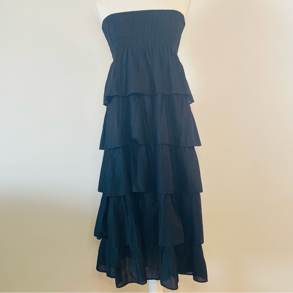 Summer Tiered Maxi Skirt Strapless Midi Dress 100% Cotton Black Women’s XS